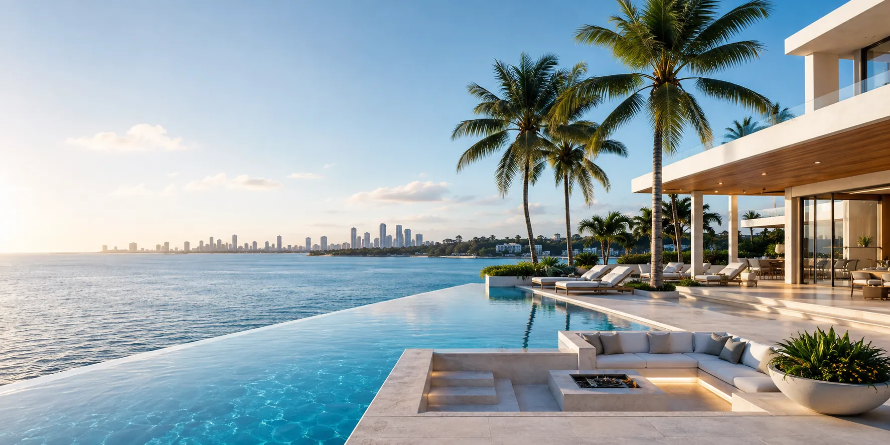 Modern South Florida waterfront home with an infinity pool and palm trees, looking across the water to a city skyline